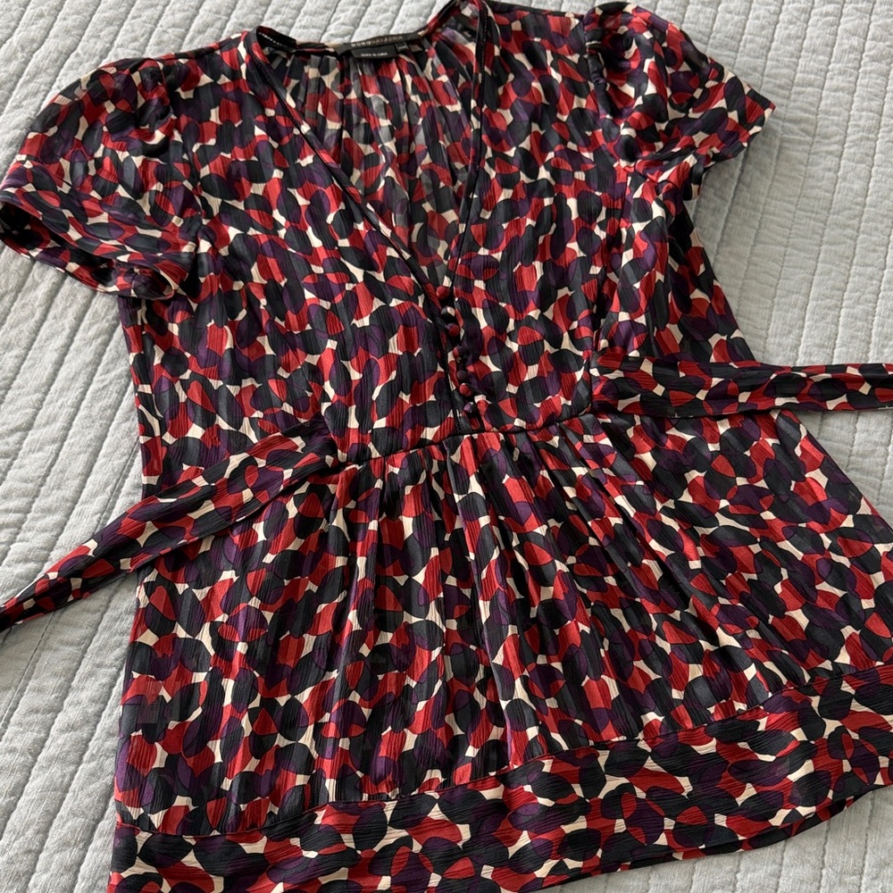 BCBGMaxAzria Red, Black and Cream Abstract Wrap Blouse